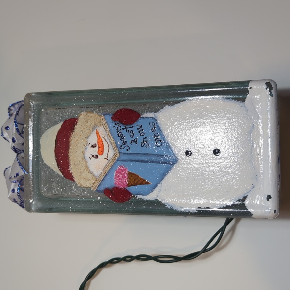 Glass Block Lighted Snowman reading Season’s Best Snow Cones Book Hand Painted